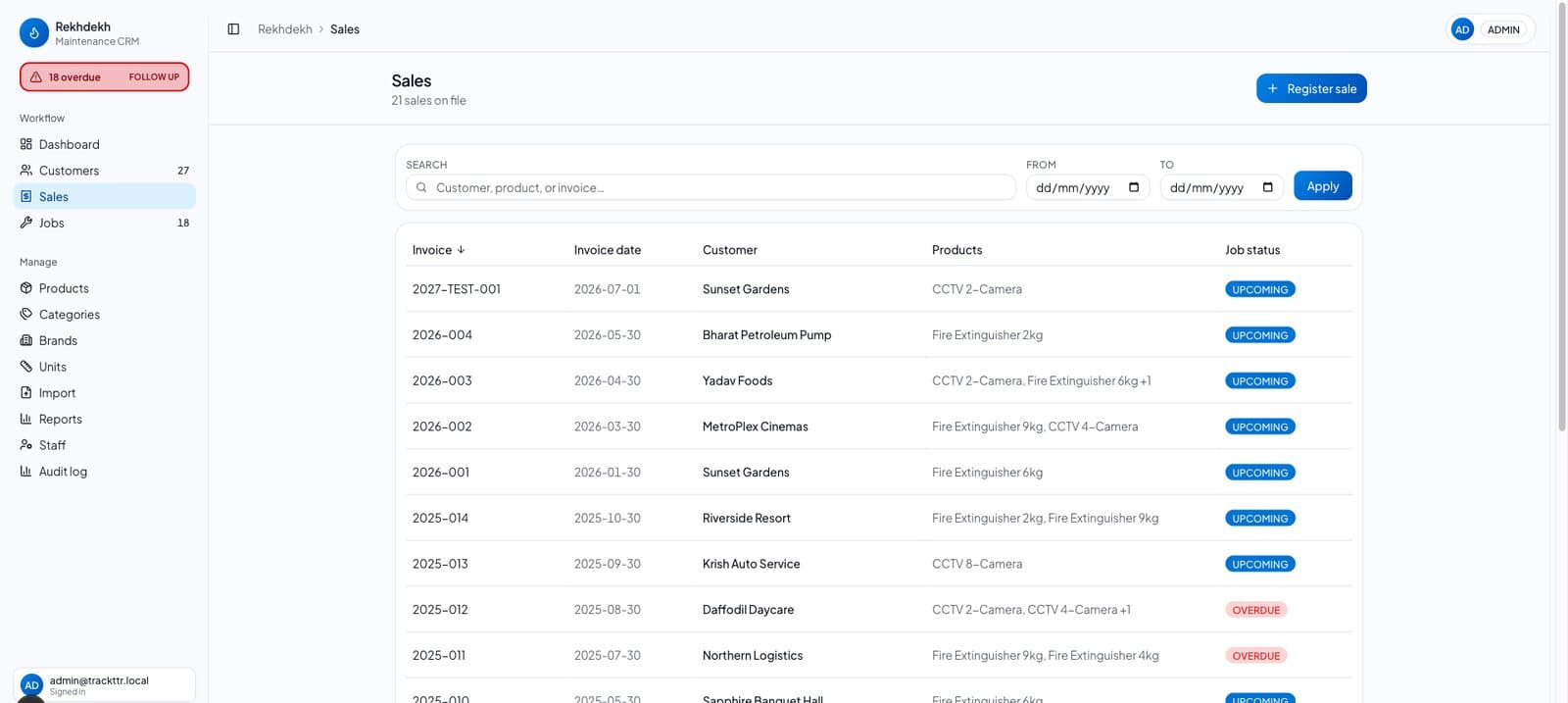 Sales list with job status per invoice