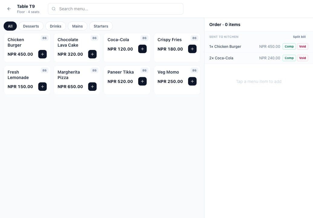 Restaurant POS table order screen